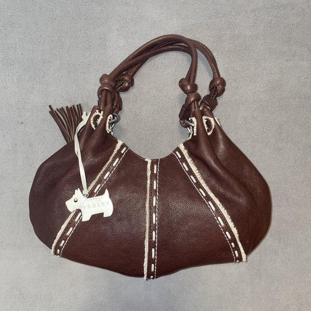 Radley Leather Hobo Shoulder Bag Womens Medium Brown Floral Lined Tassel Vintage